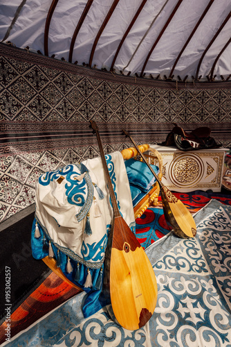 Wooden Dombra Scene. Cozy Nomadic Space With Handcrafted Decorations And Sunlit Ambiance