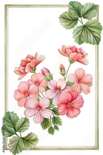 Wallpaper Mural Delicate Watercolor Geranium Flowers Arrangement Framed with Green Leaves and Border Torontodigital.ca