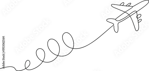 Stylized airplane ascending with a curved flight path illustration