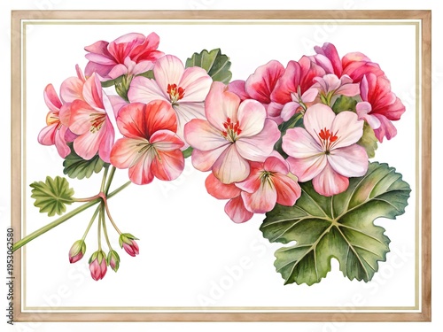 Wallpaper Mural Beautiful watercolor painting of pink and white geranium flowers in a frame Torontodigital.ca