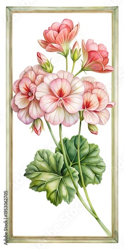 Wallpaper Mural Elegant framed watercolor painting of pink geraniums with detailed leaves and buds Torontodigital.ca