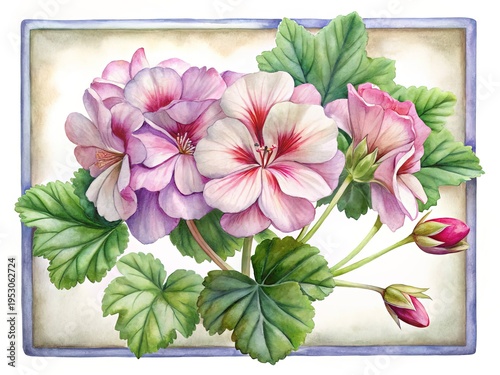 Wallpaper Mural Watercolor painting of a framed bouquet of pink and white geraniums Torontodigital.ca