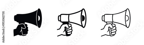 Hand Holding Megaphone Icons Set - Announcement and Communication Symbols in Solid and Outline Styles