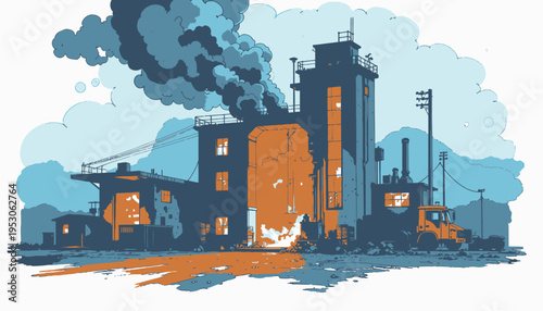 Dramatic Illustration of Explosive Incident in an Industrial Power Facility with Smoke and Flames Against a Blue Sky
