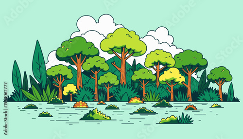 A Serene Illustration of a Lush Forest Glade with Vibrant Greenery and Tranquil Atmosphere Under Fluffy White Clouds