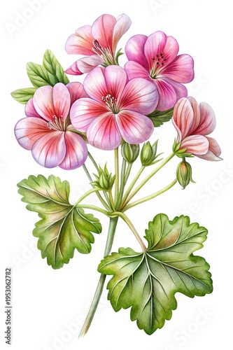 Wallpaper Mural Exquisite Pink Geranium Watercolor Painting with Detailed Leaves and Delicate Blossoms Torontodigital.ca