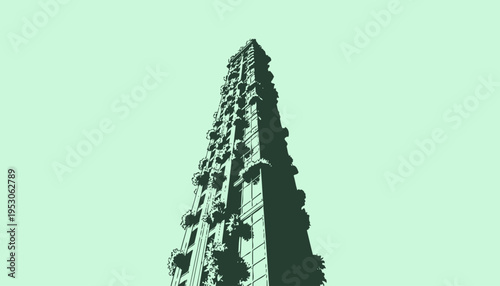 Striking Vertical Architecture Featuring Sustainable Building Design and Urban Greenery with Lush Vegetation Adorning the Facade, against a Clear Sky