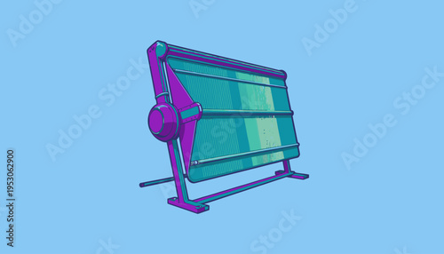 Vibrant 3D Illustration of a Retro-Style Radiator Against a Minimalistic Blue Background Featuring Purple and Teal Accents for Modern Artistic Inspiration