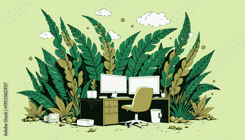 Vibrant Workspace Surrounded by Lush Greenery with Dual Monitors and Office Decor on a Sunny Day
