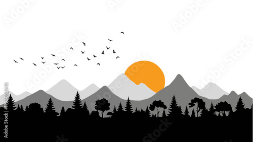 Minimalist landscape featuring mountains forest and a vibrant orange sun