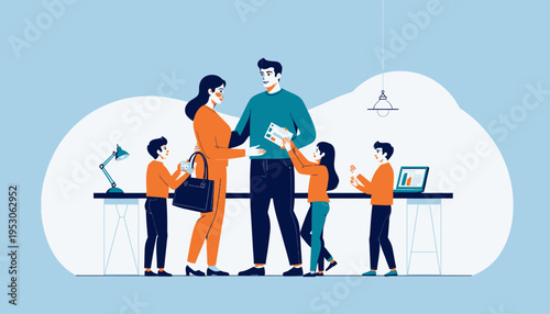 Illustration of a Happy Family Gathering Around a Table in a Modern Office Environment, Focus on Family Dynamics and Communication