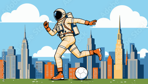An astronaut in a futuristic suit joyfully kicks a soccer ball against a vibrant cityscape with towering skyscrapers and a bright blue sky filled with clouds.