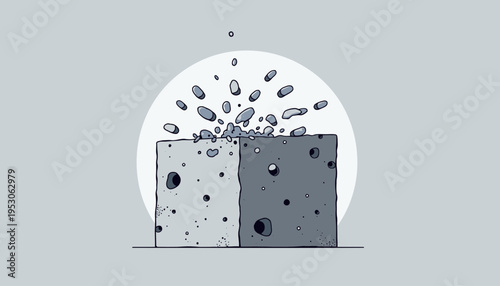 Artistic Portrayal of Porous Concrete Blocks with Dynamic Water Splashes in Minimalistic Monochrome Style Highlighting Texture and Fluid Interaction