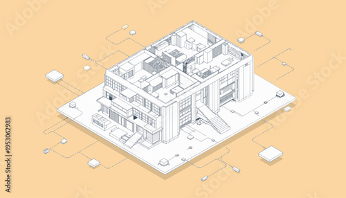 Detailed Architectural Illustration Showcasing a Modern Smart Home Layout with Connected Elements Depicting Various Technological Features and Interior Spaces