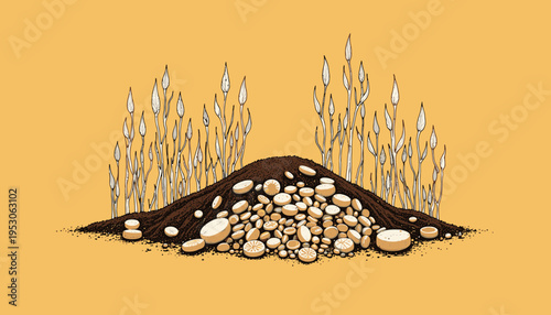 Stack of Coins Growing in Fertile Soil with White Seedling Sprouts Rising Against Yellow Background Illustrating Financial Growth