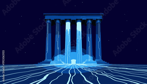 Mystical Ancient Temple with Illuminated Columns and Cosmic Landscape Inspired by Digital Art and Neon Aesthetics