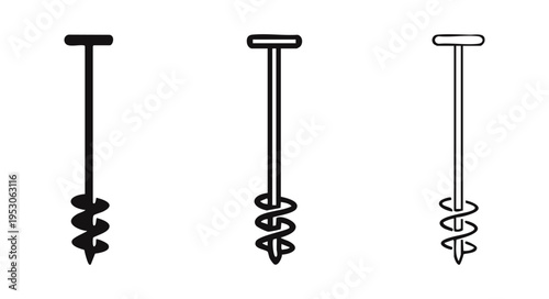 Soil Auger Icon Set for Gardening and Construction, Earth Drill Tool Vector Icons, Hand Auger Silhouette and Outline