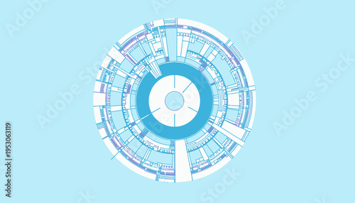 Intricate Geometric Circular Design Featuring Interlocking Blue and White Patterns on a Light Cyan Background Representing Symmetry and Modern Abstract Art