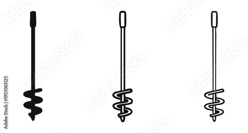 Compact Soil Auger Icons for Digging and Planting, Earth Boring Tool Vector Set, Hand Drill Silhouette and Outline