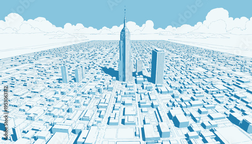 Intricate Blueprint Style Cityscape with Skyscrapers Under a Clear Sky Highlighting Architectural Precision and Urban Design