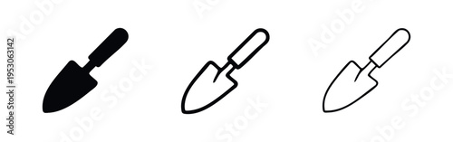 Garden Trowel Icon Set for Gardening and Planting, Hand Trowel Tool Vector Icons, Planting Shovel Silhouette and Outline