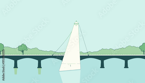Illustration of a Sailboat Passing Under a Historic Bridge with Lush Greenery and Calm Water Reflections in a Tranquil Scenic Landscape