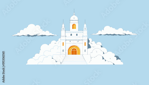 Enchanting Castle Surrounded by Fluffy White Clouds Against a Clear Blue Sky with Radiant Orange Windows and Majestic Architecture