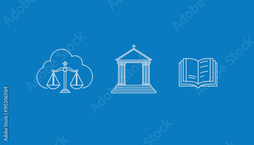 Symbolic Representation of Justice, Law, and Education Ideals Through Scale, Court, and Book Icons