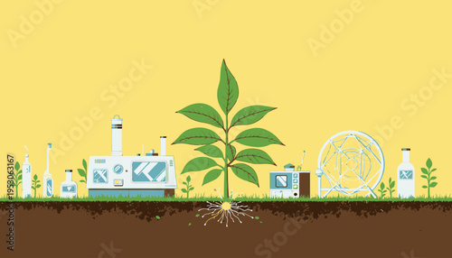 Innovative Green Technology Illustration Merging Modern Industry with Natural Growth for a Sustainable Future