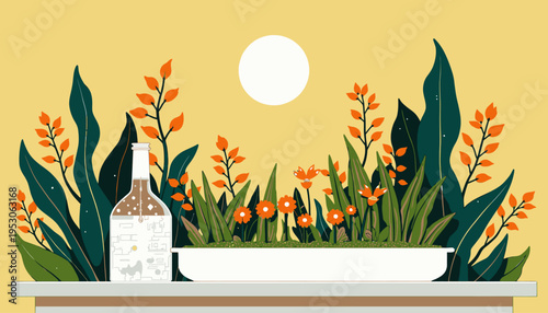 Illustration of a Lush Indoor Garden with Vibrant Green Foliage and Orange Flowers Complemented by a Glass Bottle and Sunlit Background for Natural Ambiance