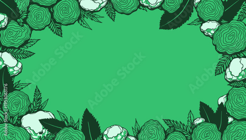 Lush Green Botanical Border with Detailed Leaf and Rose Designs on a Vibrant Green Background Creating a Fresh and Nature-Inspired Frame