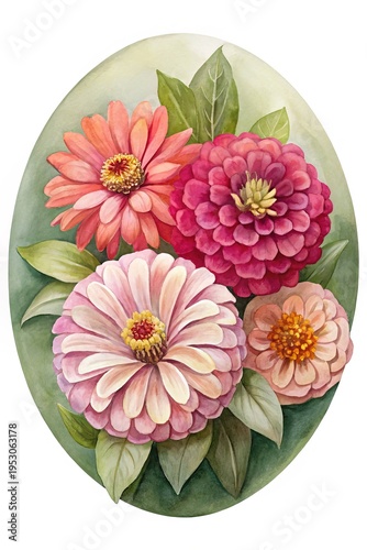 Wallpaper Mural Watercolor Painting of Four Zinnia Flowers with Green Leaves in Oval Frame Torontodigital.ca