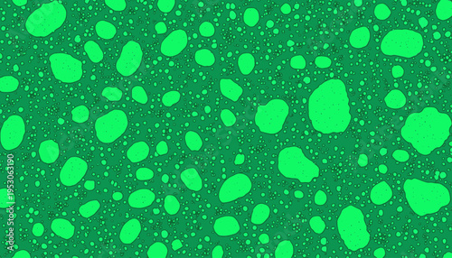 Vibrant Green Liquid Droplets Pattern Spreading Across an Organic Texture Background with Rounded Shapes and Diverse Sizes