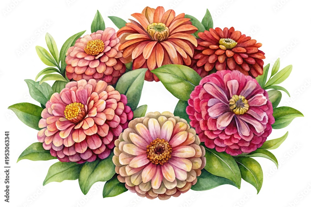 custom made wallpaper toronto digitalWatercolor Zinnia Flowers in Shades of Pink, Orange, and Burgundy with Green Leaves