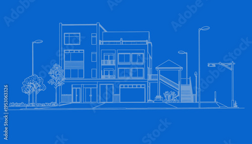 Detailed Architectural Blueprint of a Modern Urban Building with Street Elements and Landscaping Features Visualized in a Precise Technical Drawing