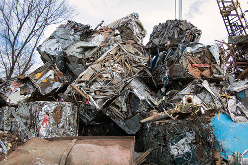 Steel waste from rebar close-up, scrap steel and other metal waste, preparation for recycling