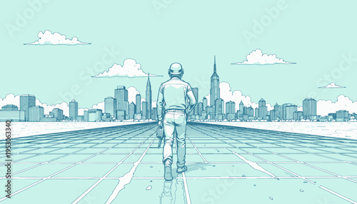 Futuristic Cityscape Journey: A Lone Figure Walking Toward an Urban Skyline Under Expansive Blue Sky and Clouds