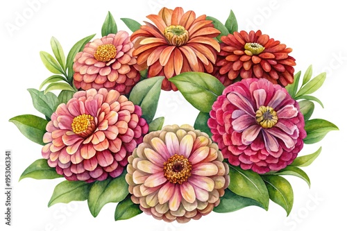 Wallpaper Mural Watercolor Zinnia Flowers in Shades of Pink, Orange, and Burgundy with Green Leaves Torontodigital.ca