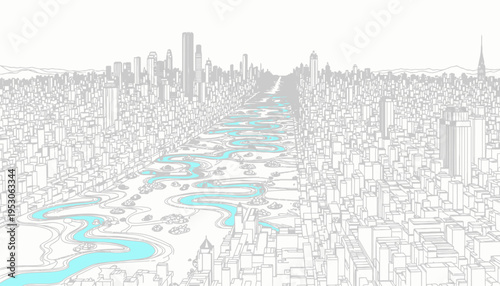 Futuristic Urban Cityscape with Majestic River Flowing Through Skyscraper-Studded Skyline in Minimalistic Black and White Style