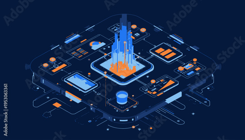 Futuristic Digital Interface Visualizing Advanced Technology and Data Analytics in a Dynamic, Interactive 3D Environment Featuring Holographic Elements