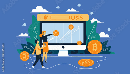 Illustration of Digital Currency Trading with Bitcoin Symbols on Computer Screen and People Analyzing Economic Growth Trends