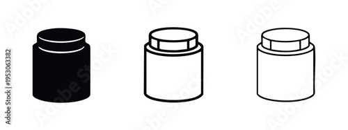 Generic cylindrical bottle icon set in solid black and outline styles, isolated vector illustration for packaging and product design.