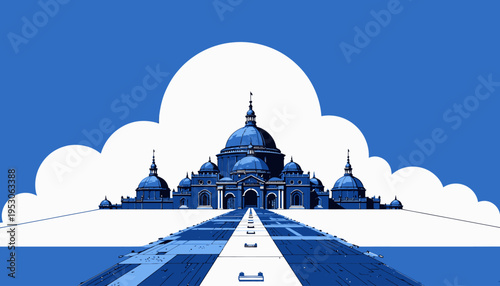 Majestic Blue Domed Architectural Marvel Against a Clear Sky with Symmetrical Pathway and White Clouds