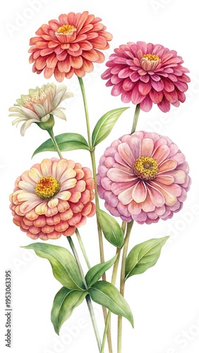 Wallpaper Mural Elegant Watercolor Illustration of Zinnias in Various Shades on White Background Torontodigital.ca