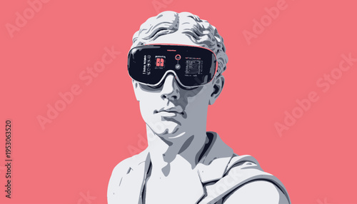 Futuristic White Marble Statue Wearing VR Headset Against Solid Pink Background Signifying Blend of Classical Art and Modern Technology