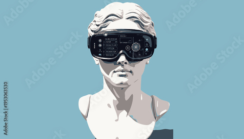 Futuristic Sculpture Merging Classical Art with Advanced Virtual Reality Headset Displaying Interactive Digital Interfaces