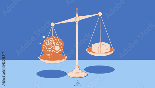 Illustration of a Balanced Scale with a Vibrant Human Brain Weighing Against a Plain Box Highlighting the Contrast Between Creativity and Simplicity
