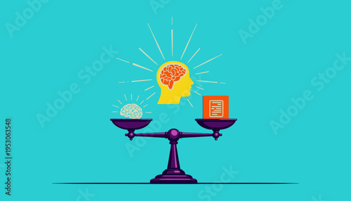 Balancing Intelligence and Knowledge: Conceptual Illustration of Brain and Book on a Stylized Scale Symbolizing the Harmony Between Creativity and Learning