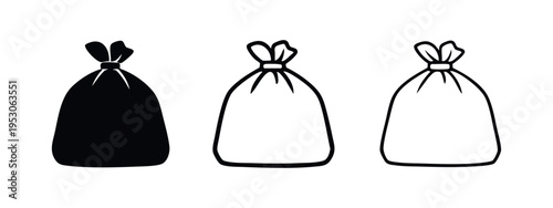 Tied Garbage Bag or Trash Sack Icon Set. Waste Disposal and Sanitation Symbol Pack.