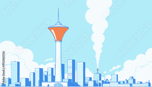 Illustrated Urban Skyline Featuring Futuristic Observation Tower with Orange Platform and Modern High-rise Buildings Under a Clear Blue Sky